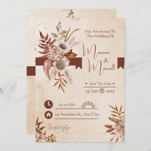Taupe Autumn Modern Waterverf Terracotta Wedding Kaart (Voorkant / Achterkant)