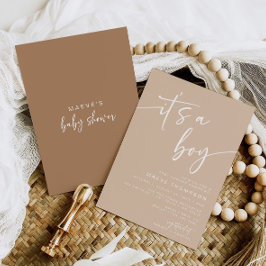 Taupe Baby shower Invitation Modern It a Boy Tan Kaart