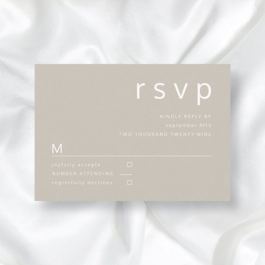 Taupe Beige Brown Minimalist Typography Wedding RSVP Kaartje