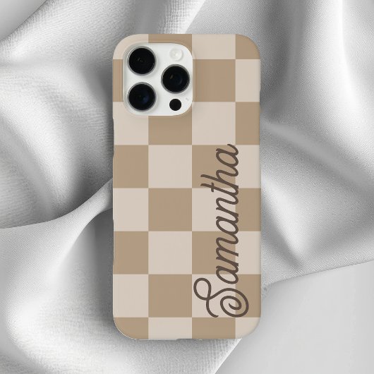Taupe Beige Checkers Script Naam Case-Mate iPhone Case