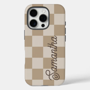 Taupe Beige Checkers Script Naam iPhone 16 Pro Hoesje