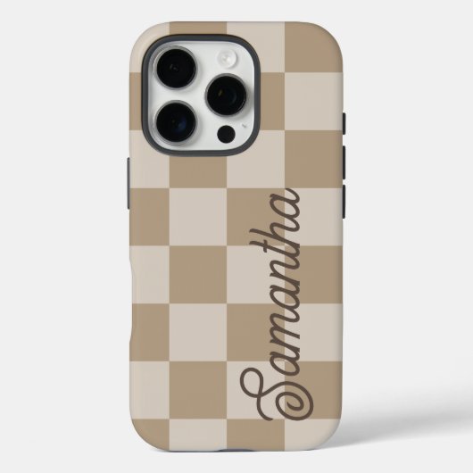 Taupe Beige Checkers Script Naam Case-Mate iPhone Case (Achterkant)
