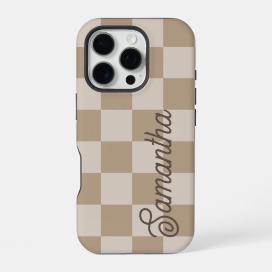 Taupe Beige Checkers Script Naam iPhone Hoesje (Achterkant)
