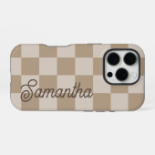 Taupe Beige Checkers Script Naam iPhone Hoesje (Achterkant horizontaal)