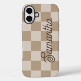 Taupe Beige Checkers Script Name iPhone 16 Plus Hoesje