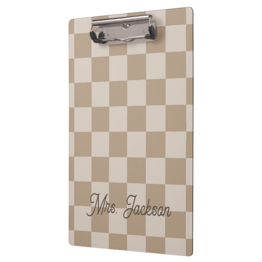 Taupe Beige Checkers Script Name Personalized Klembord (Links)