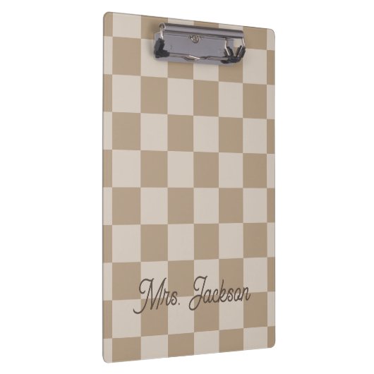 Taupe Beige Checkers Script Name Personalized Klembord (Rechts)