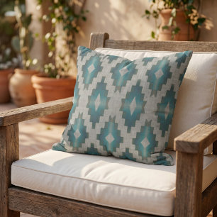 Taupe Beige Grey Light Blauwgroen Blue Tribal Art Buitenkussen