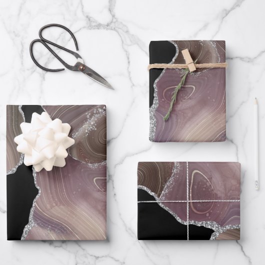Taupe & Black Agate met Zilver Glitter Inpakpapier Vel (Voorkant)