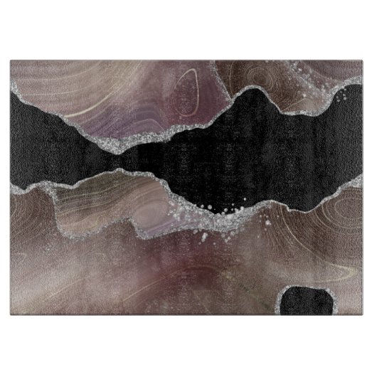 Taupe & Black Agate Silver Glitter Landscape Snijplank (Voorkant)
