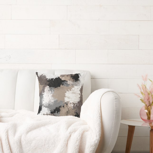 Taupe Black Grey White Abstracte penseelstreken Kussen (Bank)