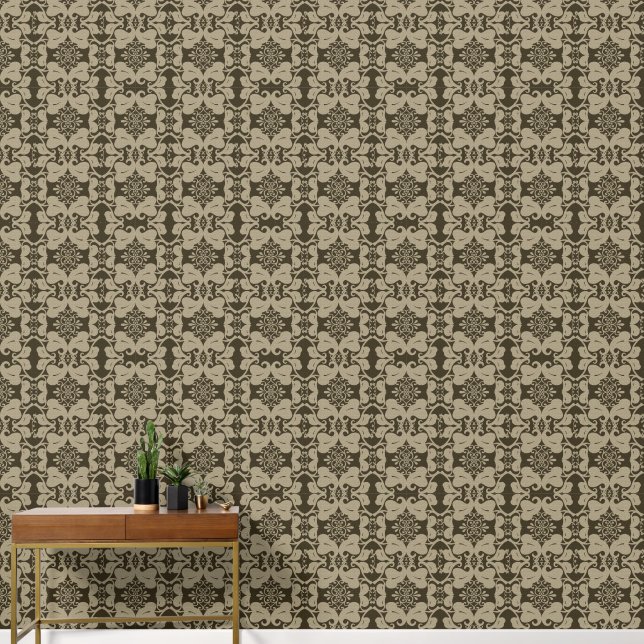 Taupe  bladpatroon behang (Hal)