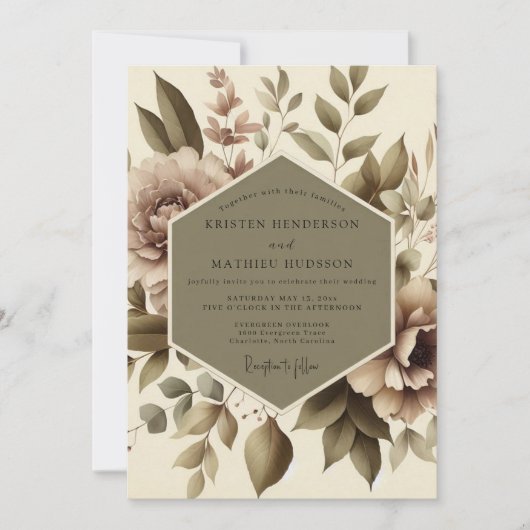 Taupe Bloemrijke Botanische Bruiloft Kaart (Voorkant)