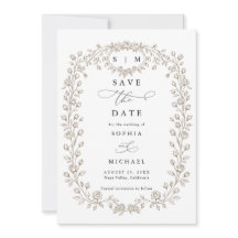 Taupe Bloemrijke Lijnkunst Save The Date Uitnodigi