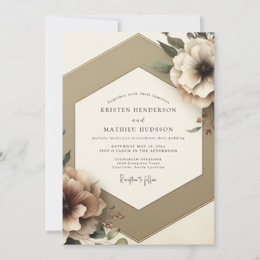 Taupe Bloemrijke Romantische Trouwdag Kaart (Voorkant)