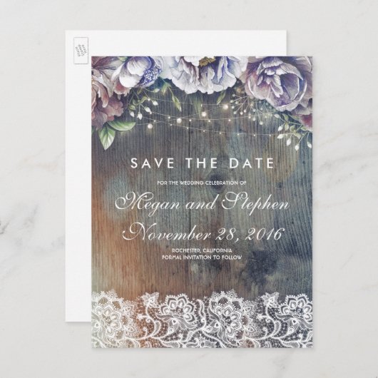 Taupe, Blue en Maroon Bloemen Rustiek Save the Dat Aankondigingskaart (Voorkant / Achterkant)