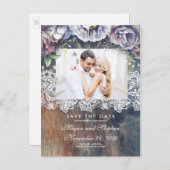 Taupe, Blue en Maroon Bloemen Rustiek Save the Dat Aankondigingskaart (Voorkant / Achterkant)