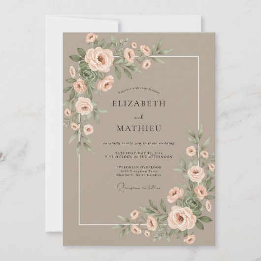 Taupe Blush Botanische Aquarel Bruiloft Kaart (Voorkant)