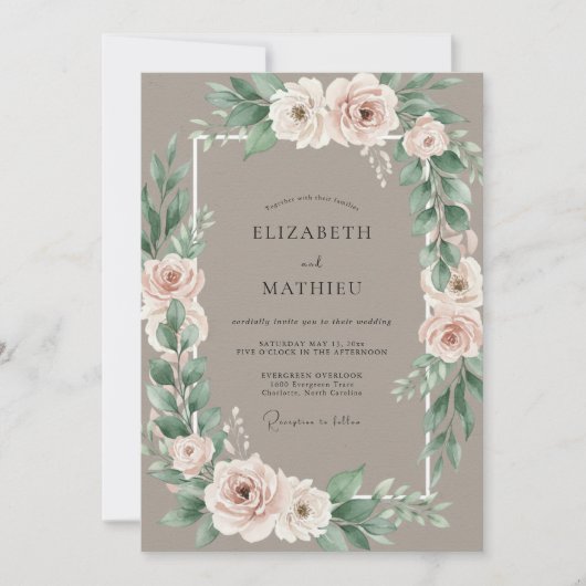 Taupe Blush Roze Krans Bruiloft Kaart (Voorkant)