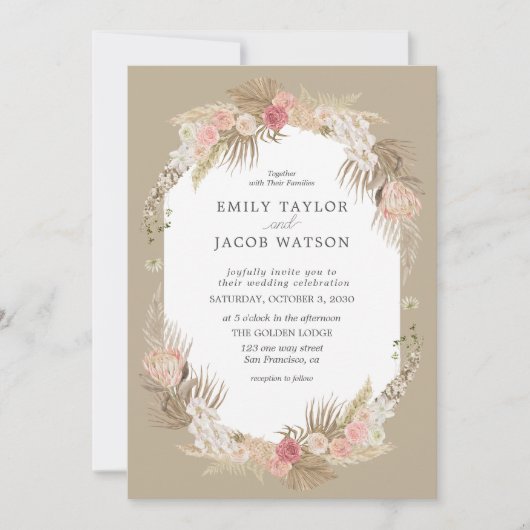 Taupe Boho Bloemen Bruiloft uitnodiging (Voorkant)