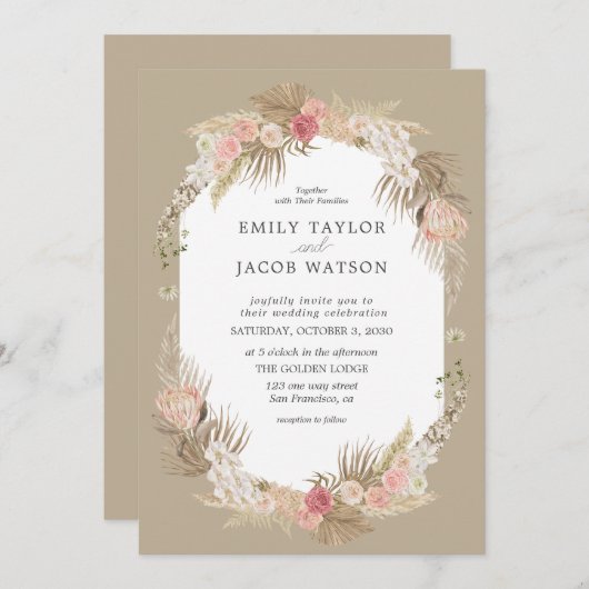 Taupe Boho Bloemen Bruiloft uitnodiging (Voorkant / Achterkant)