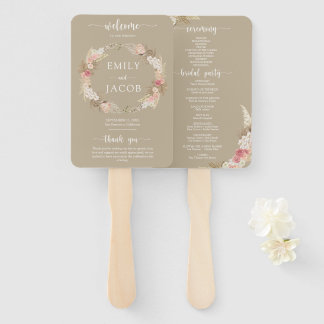Taupe Boho Bloemen Trouwprogramma hand Fan Handwaaier