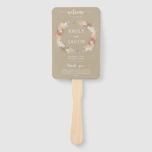 Taupe Boho Bloemen Trouwprogramma hand Fan Handwaaier (Voorkant)