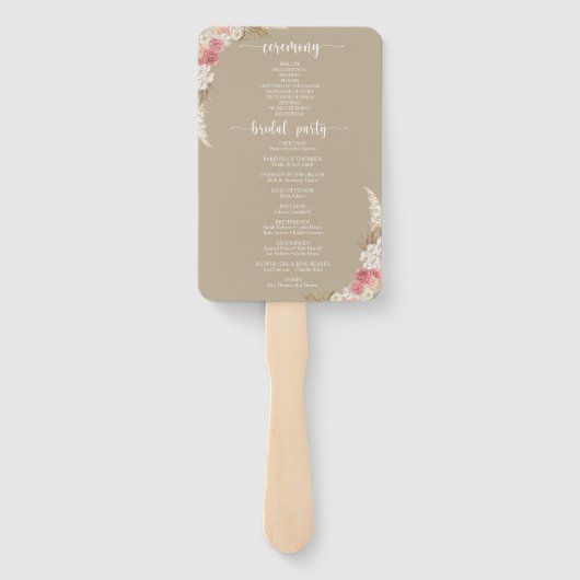 Taupe Boho Bloemen Trouwprogramma hand Fan Handwaaier (Achterkant)