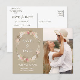 Taupe Boho bloemenkrans Bewaar de datum Briefkaart