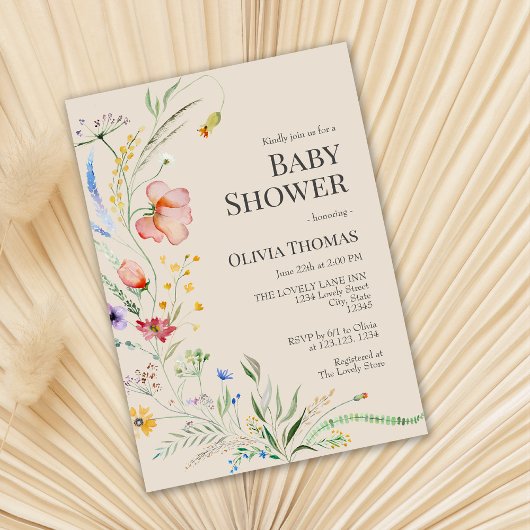 Taupe Boho Wildflower Baby shower Uitnodiging