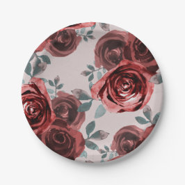 Taupe bordeauxroze waterverf rozen groen wedding papieren bordje