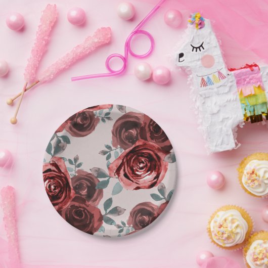 Taupe bordeauxroze waterverfrozen groene wedding papieren bordje (Feest)