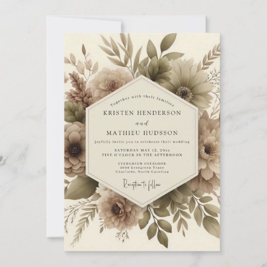 Taupe Botanical Autumn Romance Wedding Kaart (Voorkant)