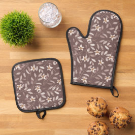 Taupe Botanical Eucalyptus Floral Ovenwant & Pannenlap Set