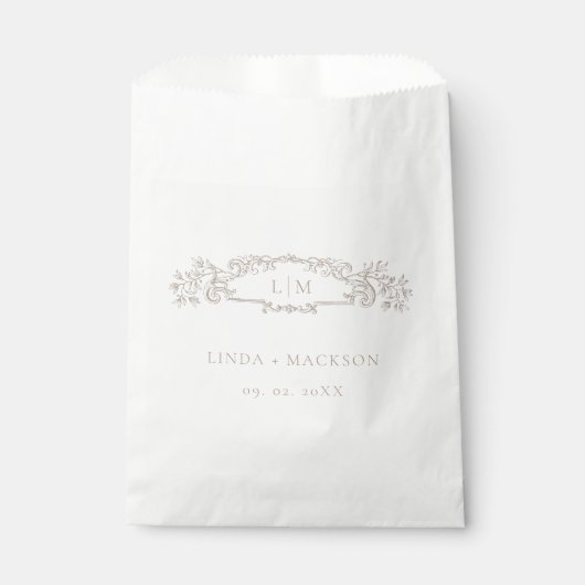 Taupe botanische kam monogram bruiloft bedankzakje (Voorkant)