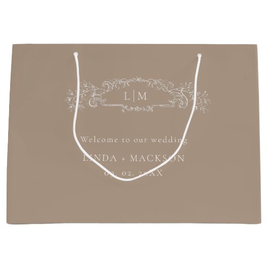 Taupe botanische kam monogram bruiloft groot cadeauzakje (Voorkant)