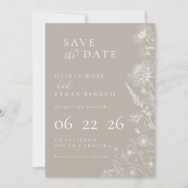 Taupe Botanische Minimalistische Trouwkaart 'Save