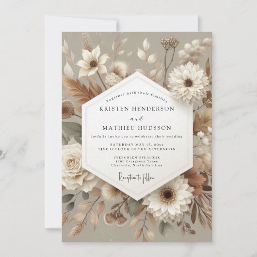 Taupe Botanische Romantische Bruiloft Kaart (Voorkant)