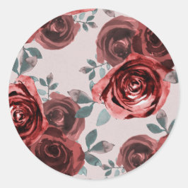 Taupe Bourgondië Aquarelrozen Groene Huwelijksdeco Ronde Sticker