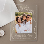Taupe Bow Vrolijke Kerstfoto Acryl Uitnodigingen<br><div class="desc">Vier het vakantieseizoen met deze acryl kerstkaart, met de foto van uw familie prachtig omlijst door een feestelijke taupe strik en lint op een bevroren of transparante acryl achtergrond. De elegante "Merry Christmas" groet is geschreven in een charmant taupe handgeschreven script, het toevoegen van een persoonlijke touch aan uw vakantie...</div>