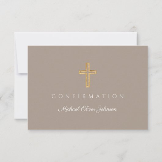 Taupe Boy Religious Cross Confirmation RSVP Kaartje (Achterkant)