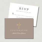 Taupe Boy Religious Cross Confirmation RSVP Kaartje