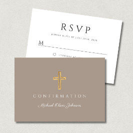Taupe Boy Religious Cross Confirmation RSVP Kaartje