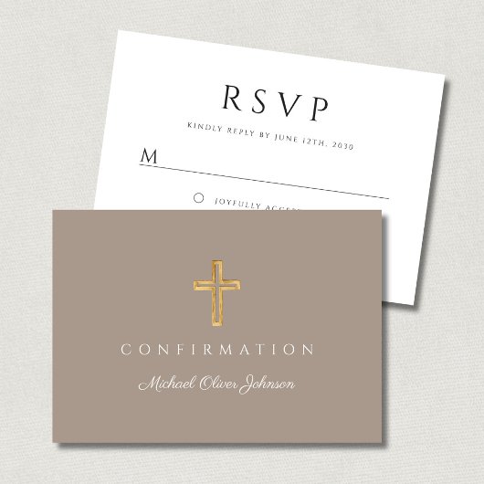 Taupe Boy Religious Cross Confirmation RSVP Kaartje