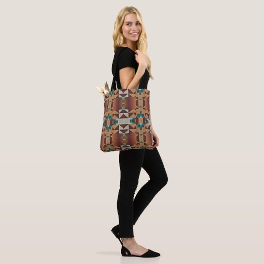 Taupe Brown Blauwgroen Blue Green Tribal Art Patro Tote Bag (Op model)