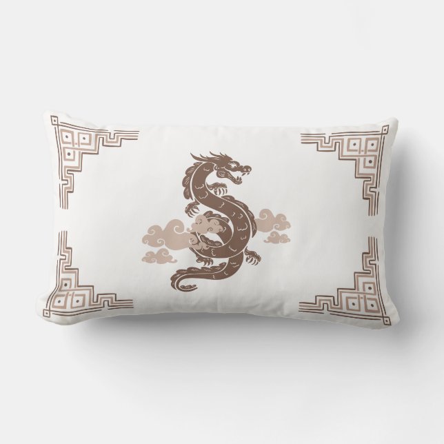 Taupe Brown Chinoiserie Dragon & Clouds Kussen (Voorkant)
