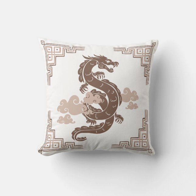 Taupe Brown Chinoiserie Dragon & Clouds Kussen (Voorkant)