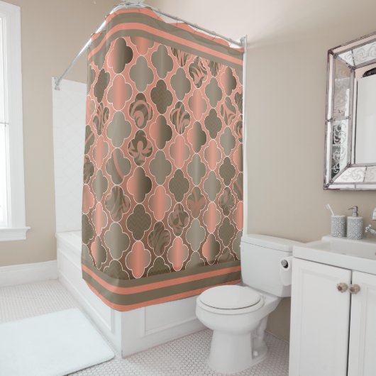 Taupe Brown en Peach Quatrefoil Patronen Douchegordijn (In situ)