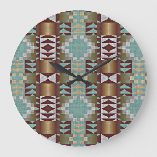Taupe Brown Turquoise Aqua Blue Tribal Pattern Grote Klok (Voorkant)