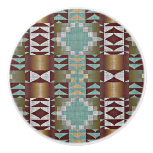 Taupe Brown Turquoise Aqua Blue Tribal Pattern Keramische Knop (Voorkant)